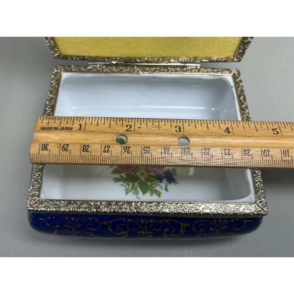 Lego Japan Vtg Porcelain Musical Jewelry Box Fragonard Style Cobalt Blue Gold